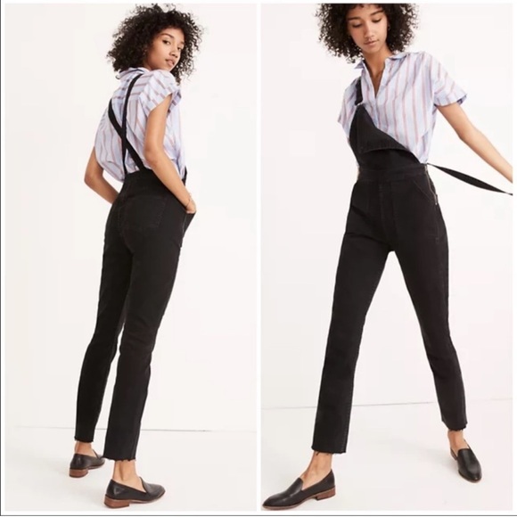 Madewell Slim Black Washed Cross Back Straps Zipper Side Jean Overalls size XS - Picture 2 of 14